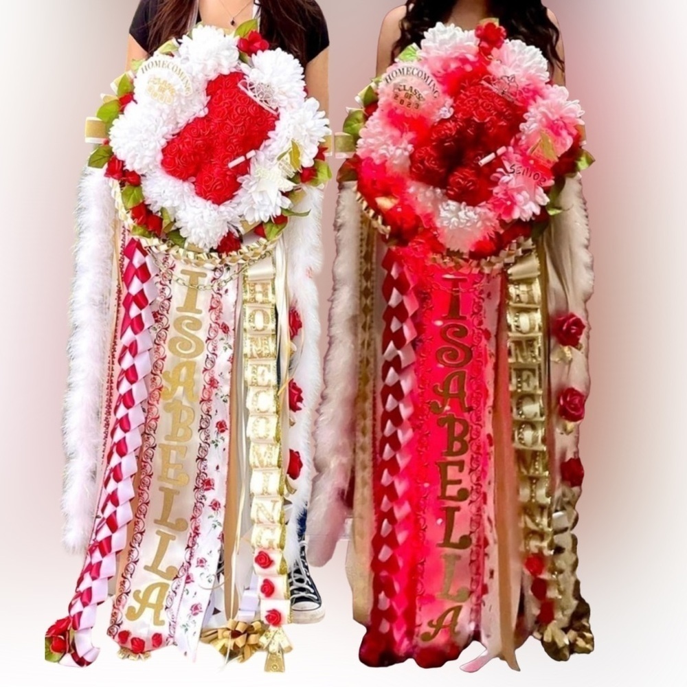Homecoming Mum Corsage in white with Gold also mum braids in any color combo